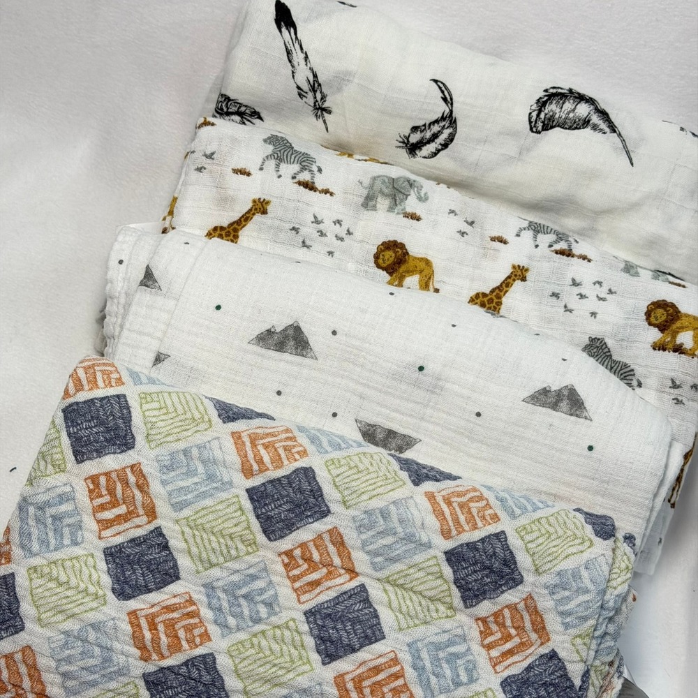 Aden + Anais Little Journey Muslin Swaddle Blanket Lot 4 Safari Feather Bamboo
